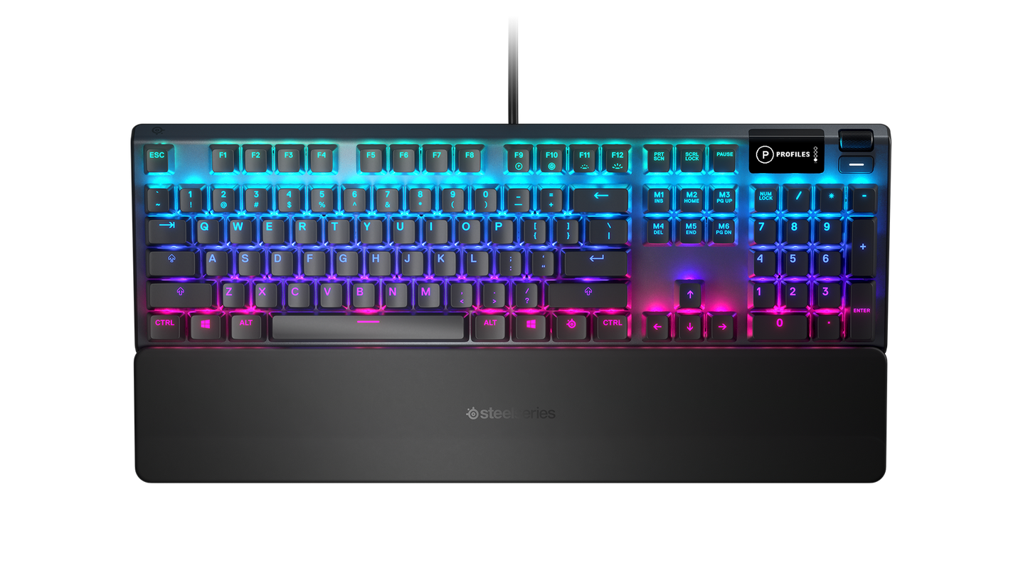 SteelSeries USB Apex 5 Hybrid Mechanical Gaming Keyboard – Per-Key RGB Illumination – Aircraft Grade Aluminum Alloy Frame – OLED Smart Display (Hybrid Blue Switch)
