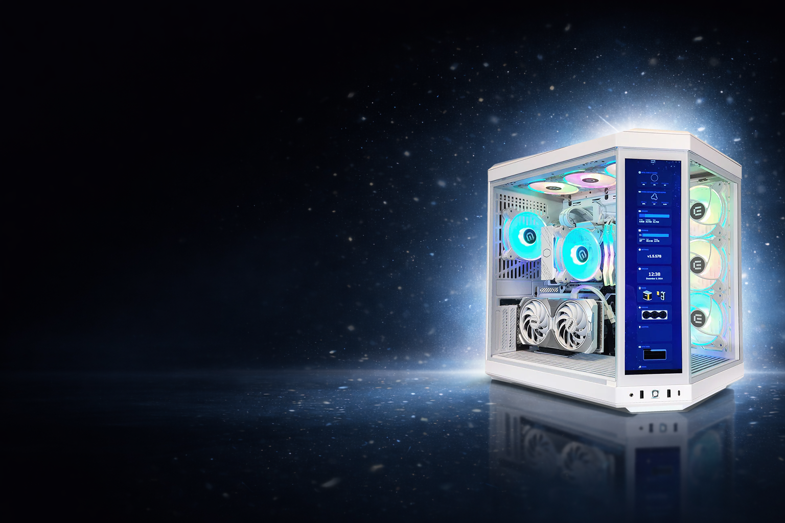 White custom TItan gaming PC tower with a glass side panel, RGB-lit fans, liquid cooling, and a built-in vertical touchscreen display, set against a dark, space-like background with a soft glow.